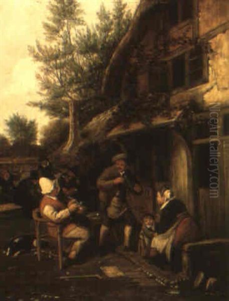 A Village Scene With A Family Sitting Outside A House With Revellers Beyond Oil Painting by Cornelis Dusart