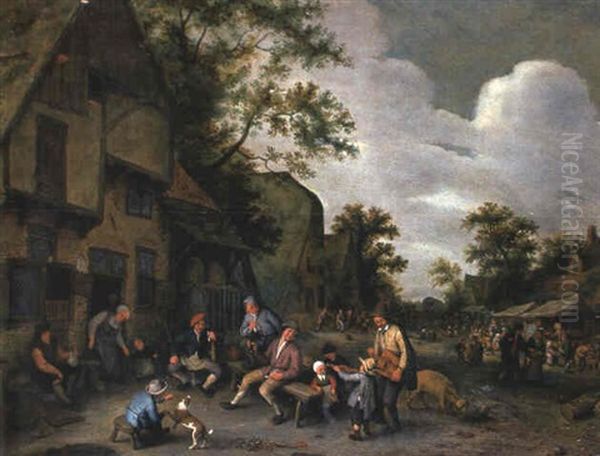 Peasants Listening To A Child Violinist Outside A Village Inn Oil Painting by Cornelis Dusart