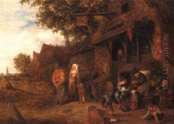 Village Scene Outside A Tavern Oil Painting by Cornelis Dusart