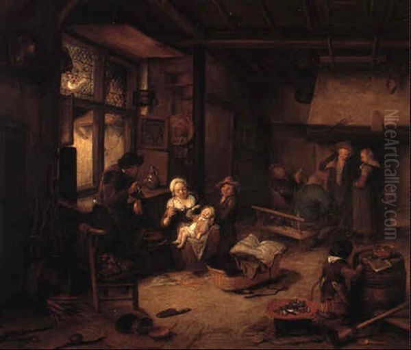 Peasants In A Kitchen Interior Oil Painting by Cornelis Dusart