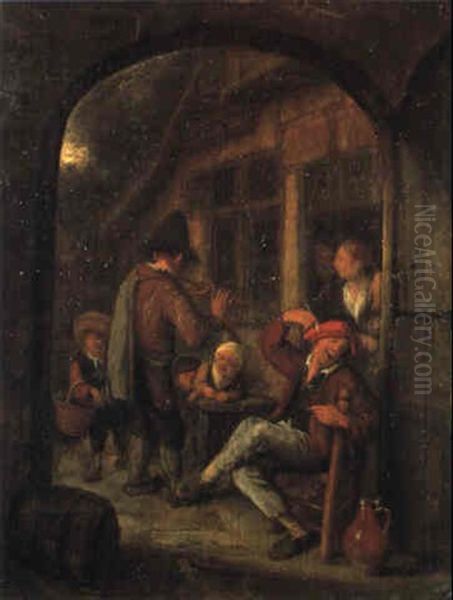 Flute Player Charming A Peasant And Children By A Farm Oil Painting by Cornelis Dusart