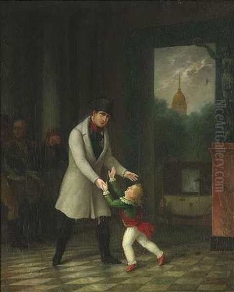 Napoleon Nimmt In Einem Vestibul Von Seinem Sohn Francois Charles Joseph Abschied Oil Painting by Charles Dusaulchoy