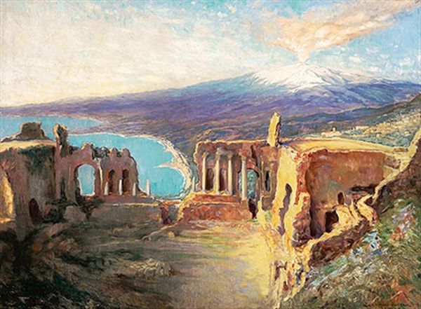 Blick Von Der Hohe Auf Den Rauchenden Schneebedeckten Aetna Und Die Bucht Von Taormina Oil Painting by Eduard Adrian Dussek