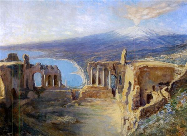 Blick Von Der Hohe Auf Den Rauchenden, Schneebedeckten Aetna Und Die Bucht Von Taormina Oil Painting by Eduard Adrian Dussek