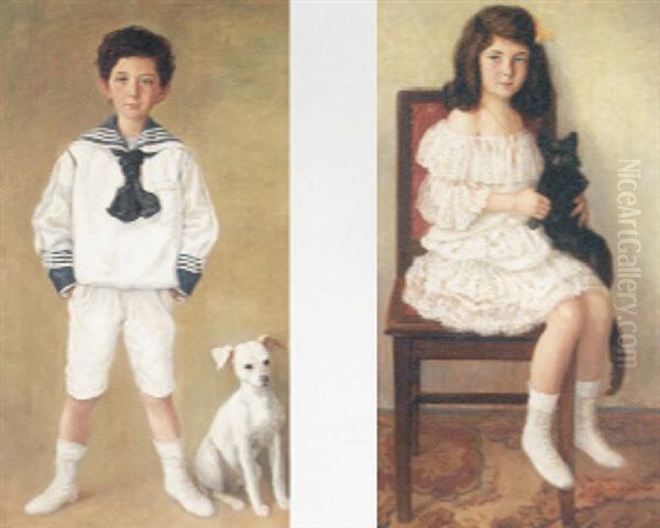 Portrait Of A Young Boy Wearing A Sailor Suit, A Small Dog At His Feet Oil Painting by Eduard Adrian Dussek