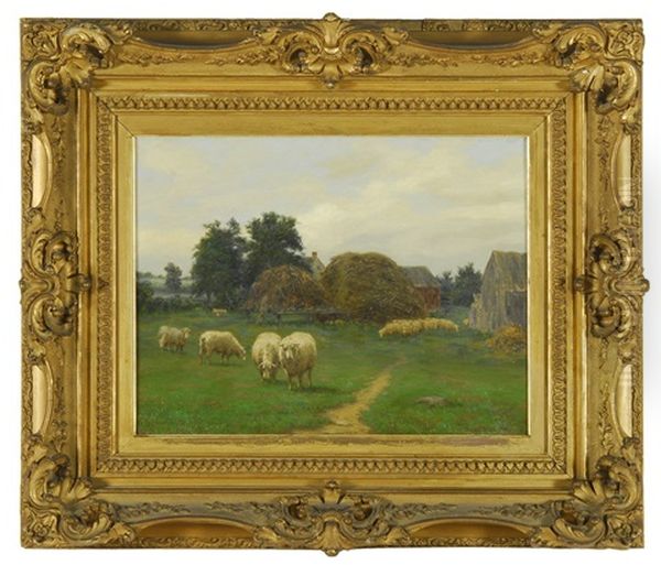 Farmyard Scene With Grazing Sheep Oil Painting by Silas S. Dustin