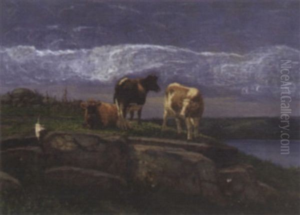 Three Cows Grazing On A Rocky Hillside Near A Lake Oil Painting by Silas S. Dustin