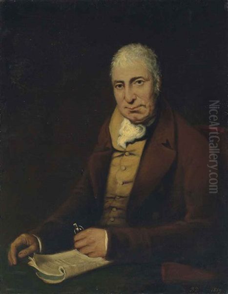 Portrait Of Gentleman, Seated Half Length At A Table, Wearing A Brown Coat, Mustard Waistcoat And Stock, Holding His Spectacles, With A Magazine Oil Painting by Benjamin Duterrau