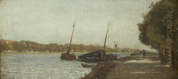 Les Bords De L'amsteel Oil Painting by Henri Joseph Constant Dutilleux