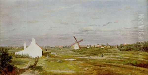 Le Moulin Dans Les Dunes De Gravelines Oil Painting by Henri Joseph Constant Dutilleux