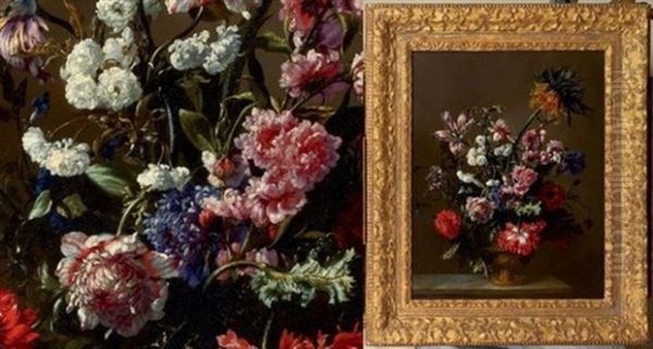 Des Anemones Doubles, Tulipes, Oeillets, Pavot, Giroflee Et Couronne Imperiale Dans Un Vase En Bronze Pose Sur Un Entablement De Marbre Oil Painting by Charles Gilles Dutillieu