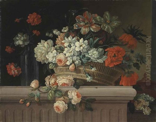 Flowers In A Basket And A Glass Bottle On A Stone Ledge Oil Painting by Jaques-Charles Dutillieu