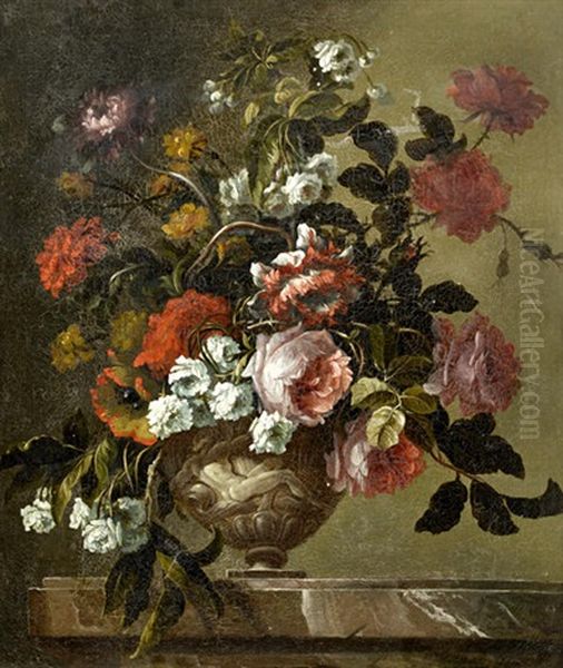 Roses, Chrysanthemums, Poppies And Other Flowers In A Stone Urn On A Marble Ledge Oil Painting by Jaques-Charles Dutillieu