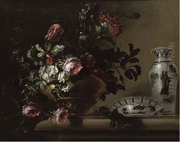 Red And White Roses In A Brass Urn With A Porcelain Bowl And Vase On A Stone Ledge Oil Painting by Jaques-Charles Dutillieu