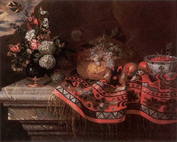 A Still Life Of A Terracotta Bowl Of Grapes And A Blue And White Bowl Of Strawberries On A Turkish Carpet And A Vase Of Flowers Oil Painting by Jaques-Charles Dutillieu