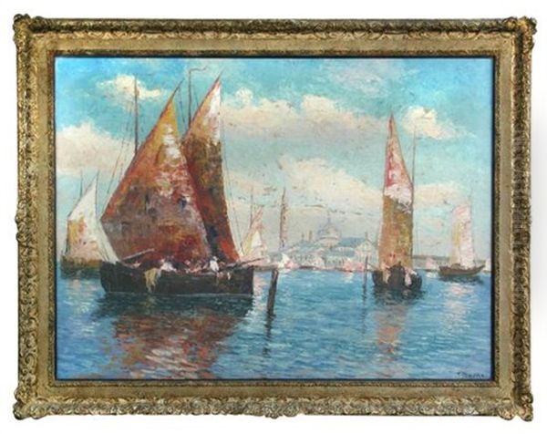 Sailing Boats On The Lagoon, Venice Oil Painting by Charles Duval