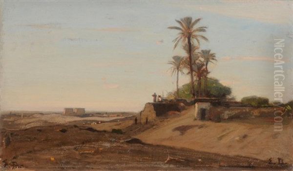 Landschaft Bei Luxor, Im Hintergrund Der Tempel Von Karnak Oil Painting by Etienne Duval