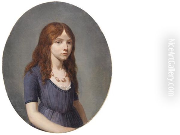 Portrait Of A Young Girl, Half-length, In A Blue Dress And Rosequartz Necklace Oil Painting by Francois Duval