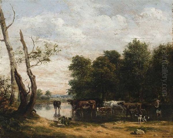 Hirten Mit Weidevieh Am Wasser Oil Painting by Francois Duval