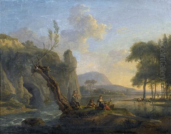 Abendliche Flusslandschaft Mit Pastorale Oil Painting by Francois Duval