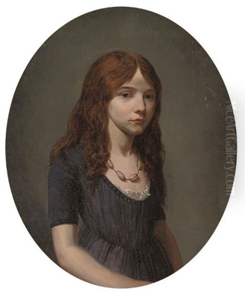 Portrait Of A Girl In A Blue Dress, Wearing A Rose Quartz Necklace Oil Painting by Francois Duval