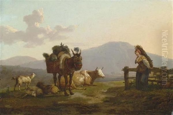 Reisigsammlerin Und Vieh Vor Abendlicher Berglandschaft Oil Painting by Francois Duval