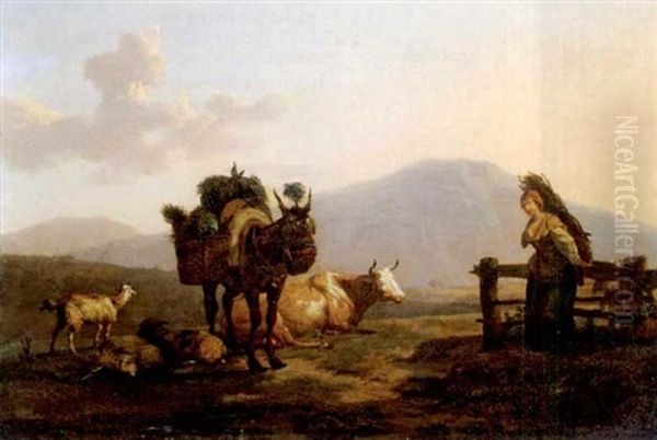 Reisigsammlerin Und Vieh Vor Abendlicher Berglandschaft Oil Painting by Francois Duval