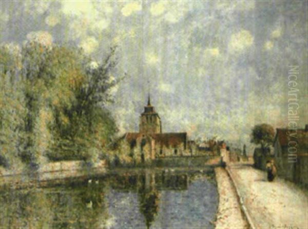 A Village Church By A Canal Oil Painting by Leon Duval-Gozlan