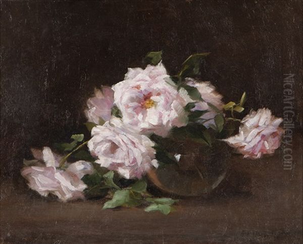 Still Life - Pink Roses In A Vase Oil Painting by Fannie Eliza Duvall