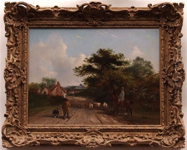 Herder And Dog With Flock Of Sheep In Country Lane, Horse And Rider Oil Painting by John Duvall