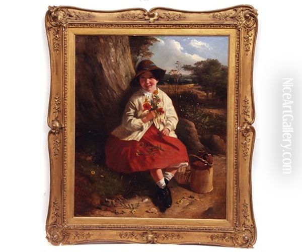 Young Girl Seated Holding A Bouquet Of Wild Flowers In A Suffolk Landscape Oil Painting by John Duvall