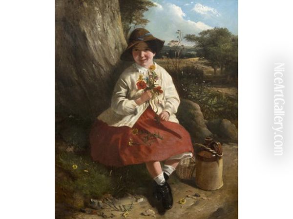 Young Girl Seated With Flowers In A Summer Landscape by John Duvall