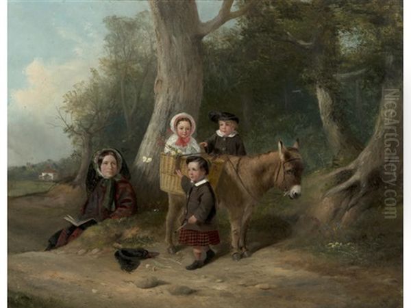 Portrait Of The Biddell Children Of Playford Together With Their Nursemaid And A Donkey Before Pogson's Farm, Playford (+ Their Nursemaid And A Donkey Before Pogson's Farm, Playford) Oil Painting by John Duvall