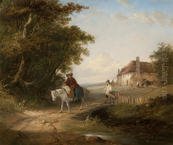 Figures And Horse On A Country Track, A Cottage Beyond Oil Painting by John Duvall