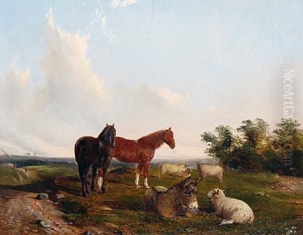 Horses, Sheep And A Donkey In A Summer Landscape Oil Painting by John Duvall