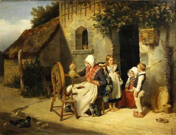 Spinning The Wool Oil Painting by Jules Alexandre Duval-Lecamus