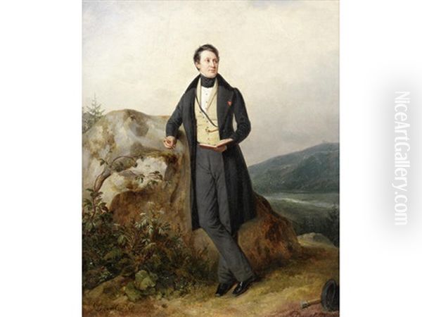 Portrait Of A Gentleman, Full-length, In A Yellow Waistcoat And A Morning Coat, Holding A Book And A Pen, In A Mountainous Landscape Oil Painting by Pierre Duval-Lecamus