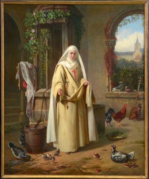 Jeune Religieuse S'occupant Du Poulailler Du Couvent Oil Painting by Pierre Duval-Lecamus