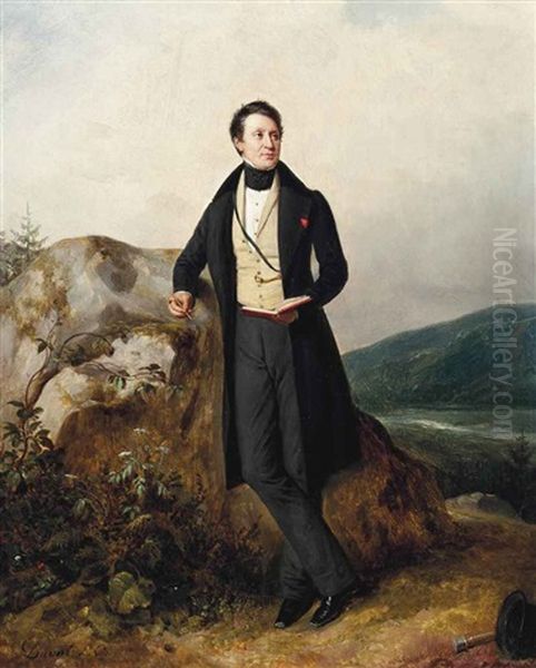 Portrait Of A Man, Full Length, In A Yellow Waistcoat And A Morning Coat, Holding A Book And A Pen, In A Mountainous Landscape Oil Painting by Pierre Duval-Lecamus