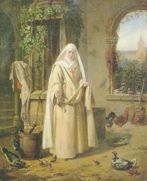 Jeune Religieuse S'occupant Du Poulailler Du Couvent Oil Painting by Pierre Duval-Lecamus