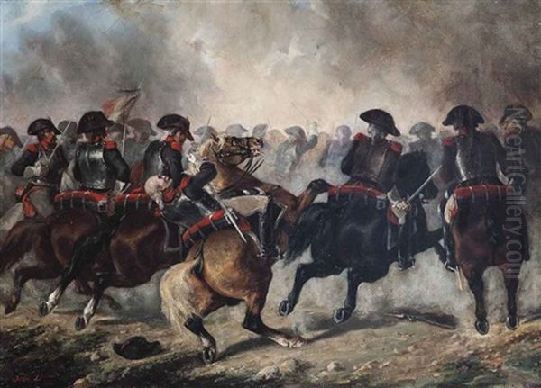 The 8th Napoleonic Cavalry Regiment Charging Into Battle Oil Painting by Jules-Antoine Duvaux