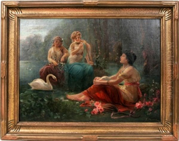 Three Maidens W/swan Oil Painting by Jules-Antoine Duvaux