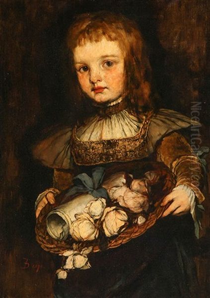 Girl With Basket Of Flowers Oil Painting by Frank Duveneck