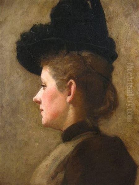 Profile Portrait Of A Woman With A Dark Hat Oil Painting by Frank Duveneck