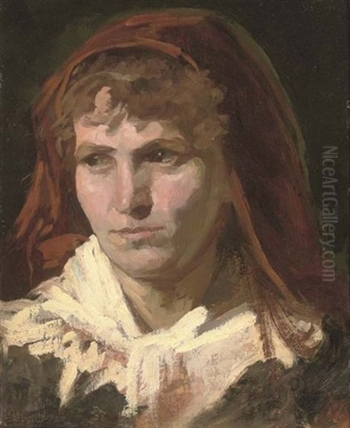 Portrait Of A Lady In A Red Headscarf Oil Painting by Frank Duveneck