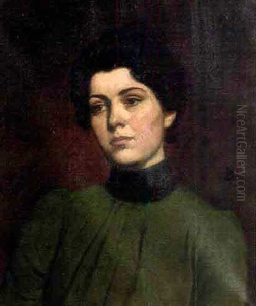 Portrait Of A Woman In Green Dress Wiith High Collar Oil Painting by Frank Duveneck