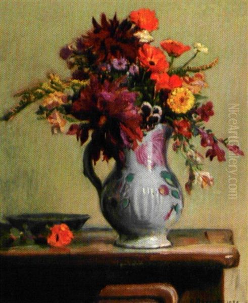 Bouquet De Dahlias Et Gueles De Loups Dans Un Pichet Oil Painting by Charles Jules Duvent