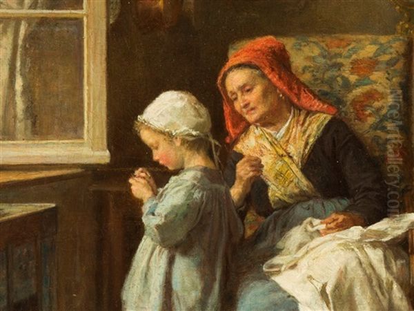 Threading The Needle Oil Painting by Theophile Emmanuel Duverger