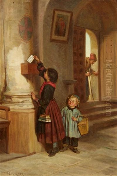 Au Bon Dieu - Two Children With A Prayer Sheet Oil Painting by Theophile Emmanuel Duverger