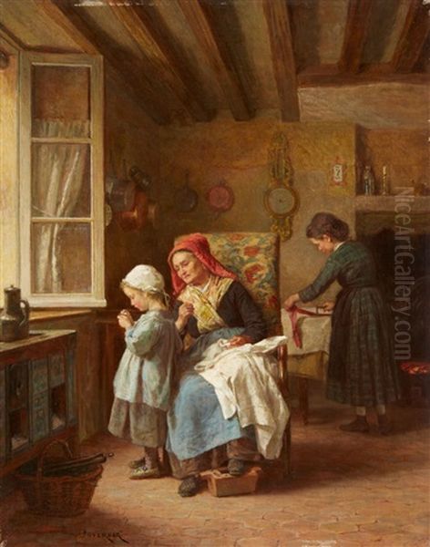 Threading The Needle Oil Painting by Theophile Emmanuel Duverger